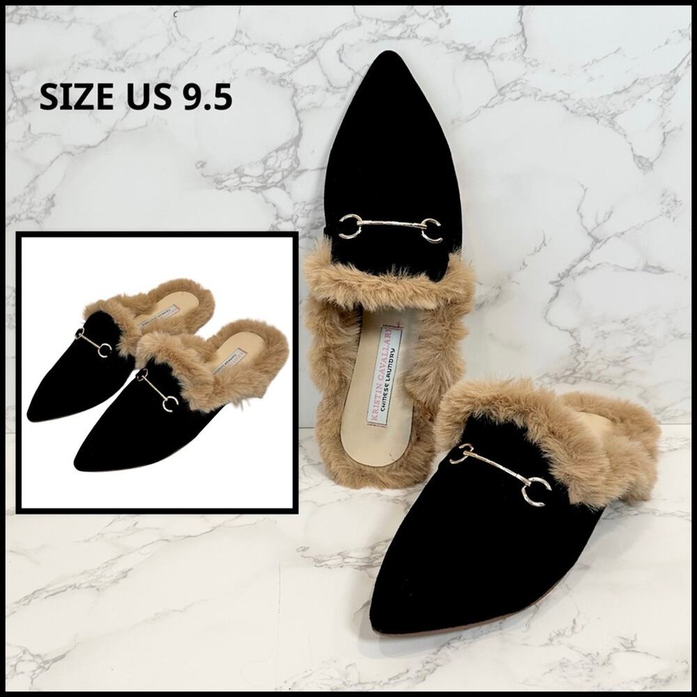 Kristin Cavallari Chinese Laundry Black Carter Faux Fur-Lined Suede Mules